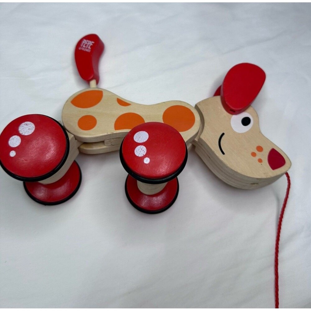 Hape Wooden Pull Along Dog Toy Red Orange Handcrafted Classic Kids Play Toy